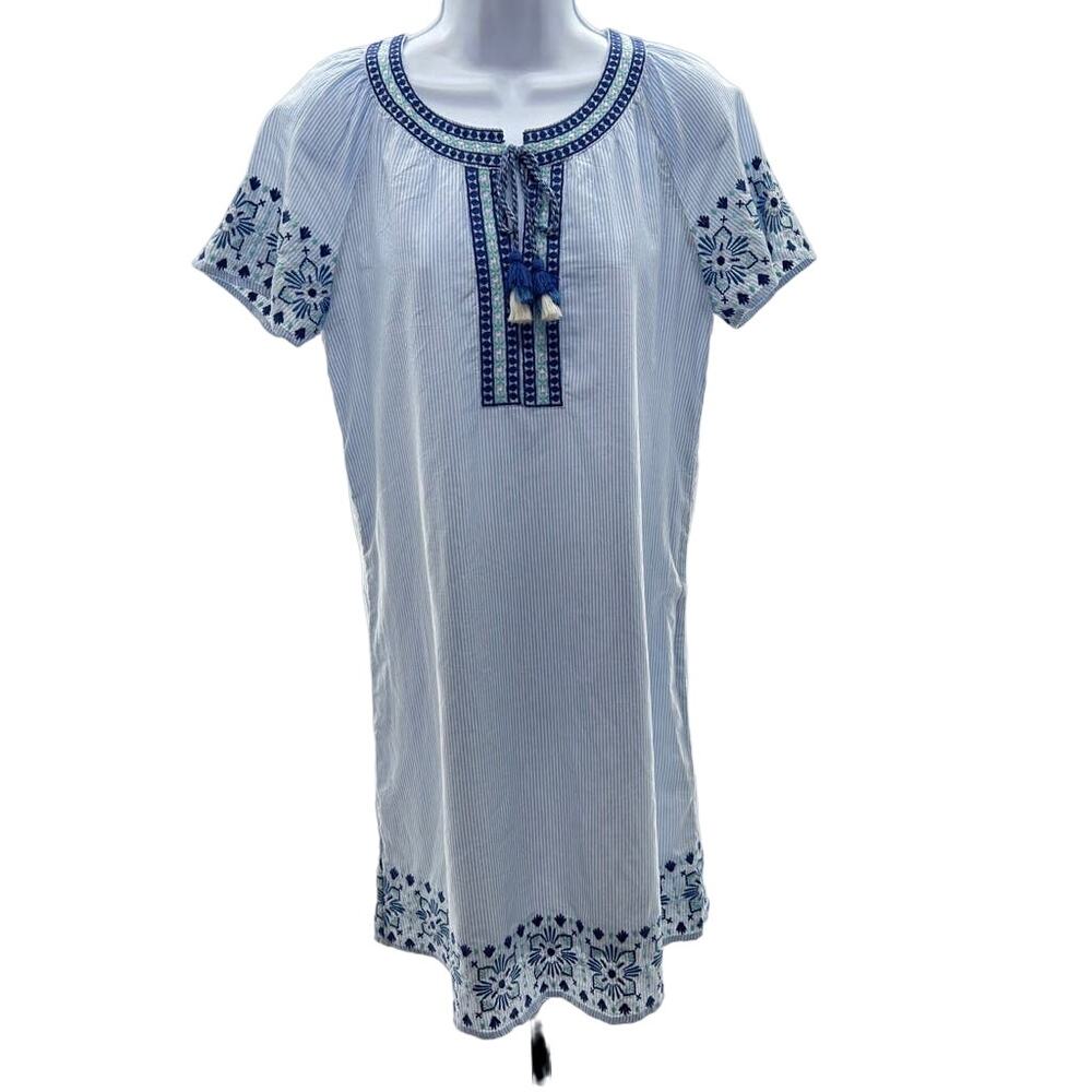 Vineyard Vines Blue and White Striped Embroidered Shift Cottage Dress Sz XS